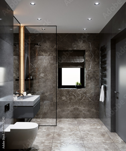3D rendering of a modern bathroom in black and white. Loft