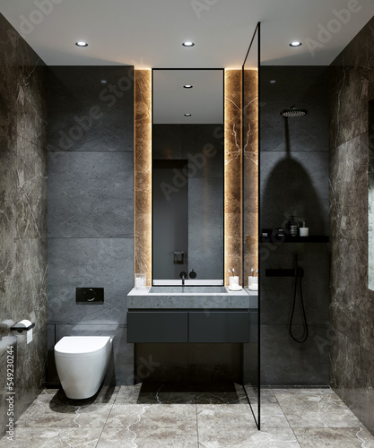 3D rendering of a modern bathroom in black and white. Loft