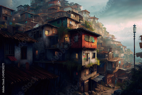 AI generated image of a medieval favela or slum on the hillside, somewhere in Europe  photo