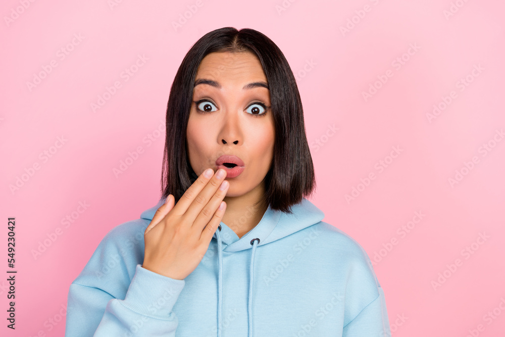 Photo of worried nervous lady hand arm cover open mouth impressed negative news accident isolated on pink color background Photo of worried nervous lady hand arm cover open mouth impressed negative news accident isolated on pink color background