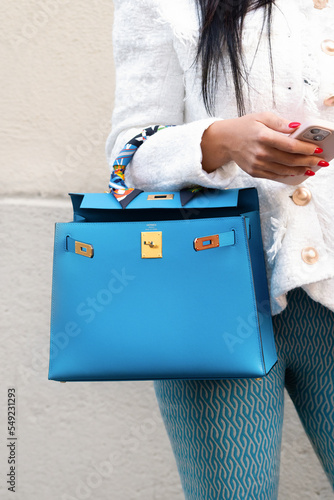Milan, Italy - September, 25: Woman Influencer Wearing Blue Hermes Kelly  Bag. Fashion Blogger Outfit Details Editorial Stock Image - Image of  leather, milan: 262435829