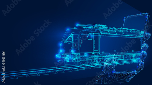 Polygonal 3d electro cargo train from smartphone in dark blue background. Online cargo delivery service, logistics or tracking app concept. Abstract vector illustration of online freight delivery.