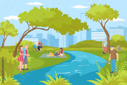 Outdoor rest at river, leisure at summer park nature vector illustration. Cartoon man woman people recreation at landscape.