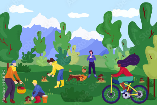 Mushroom harvest at outdoor forest, vector illustration. Cartoon people character leisure at nature, flat man woman picking mushroom.