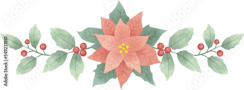 Christmas wreath, flower wreath of christmas flower, holly berries with leaves clipart. Isolated element graphic. Watercolor style illustration.
