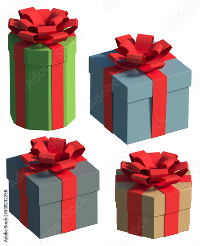 a set of closed 3d blue gift boxes with a bow made of pastel ribbon highlighted on a white background. 3d rendering of a flying modern holiday surprise box.