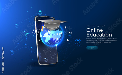 Digital vector illustration. Online education blue background or concept with earth planet. Online reading or courses. Online learning in digital classroom. Learning from anywhere in the world. Vector