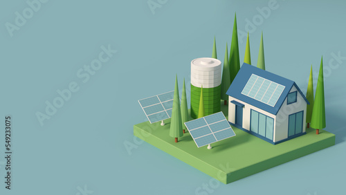 Solar-powered houses, ecology is an energy saving concept for getting free energy from the sun. Eco-friendly smart home, 3d render.