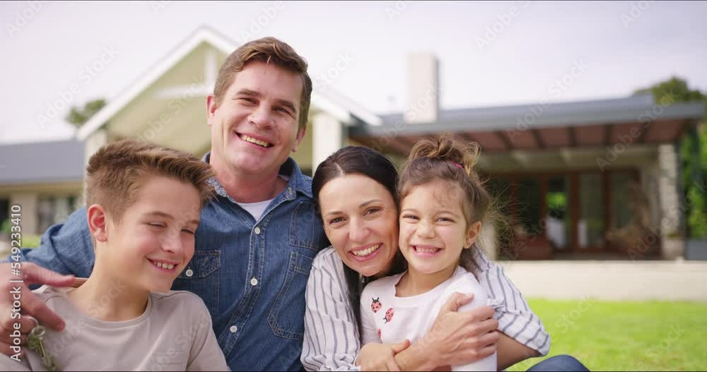 Happy family, outdoor portrait and real estate, new home loan and dream house, building mortgage and moving in Australia. Parents, kids and family homeowner, front garden and property investment Happy family, outdoor portrait and real estate, new home loan and dream house, building mortgage and moving in Australia. Parents, kids and family homeowner, front garden and property investment