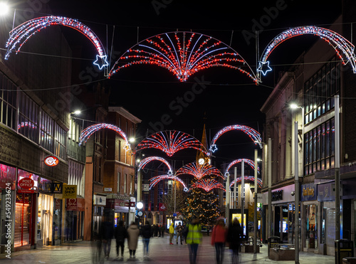 View of night Leicester, a city in England’s East Midlands region, in Christmas time