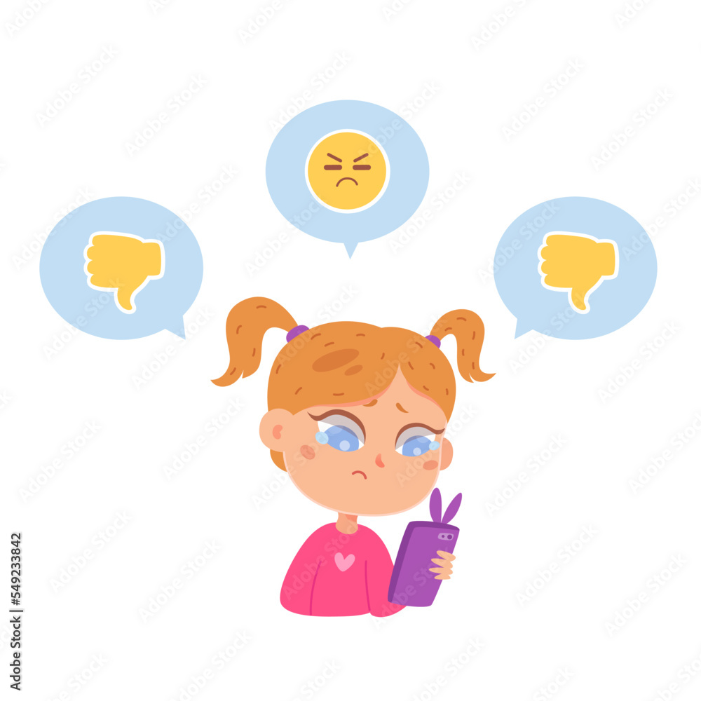Cyber bullying of kid, sad crying girl holding phone, watching mockery in social media Cyber bullying of kid, sad crying girl holding phone, watching mockery in social media