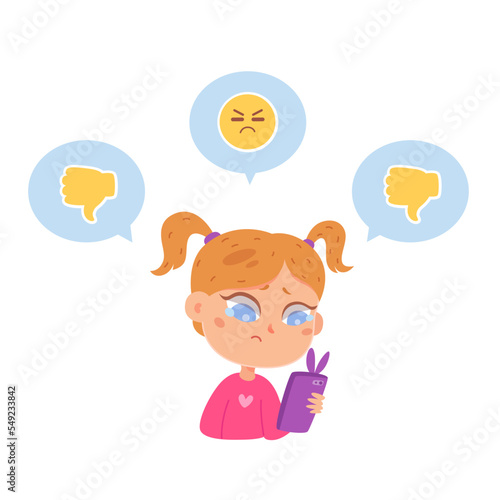 Cyber bullying of kid, sad crying girl holding phone, watching mockery in social media