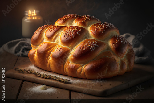freshly baked sweet challah bread on a wooden plate photo