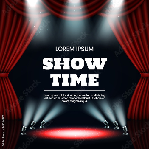 Broadway theater curtains. Award show. Stage red drapery and spotlights. Movie night or showtime. Casino lights. Cinema event. Illuminated circle. Presentation banner. Vector background