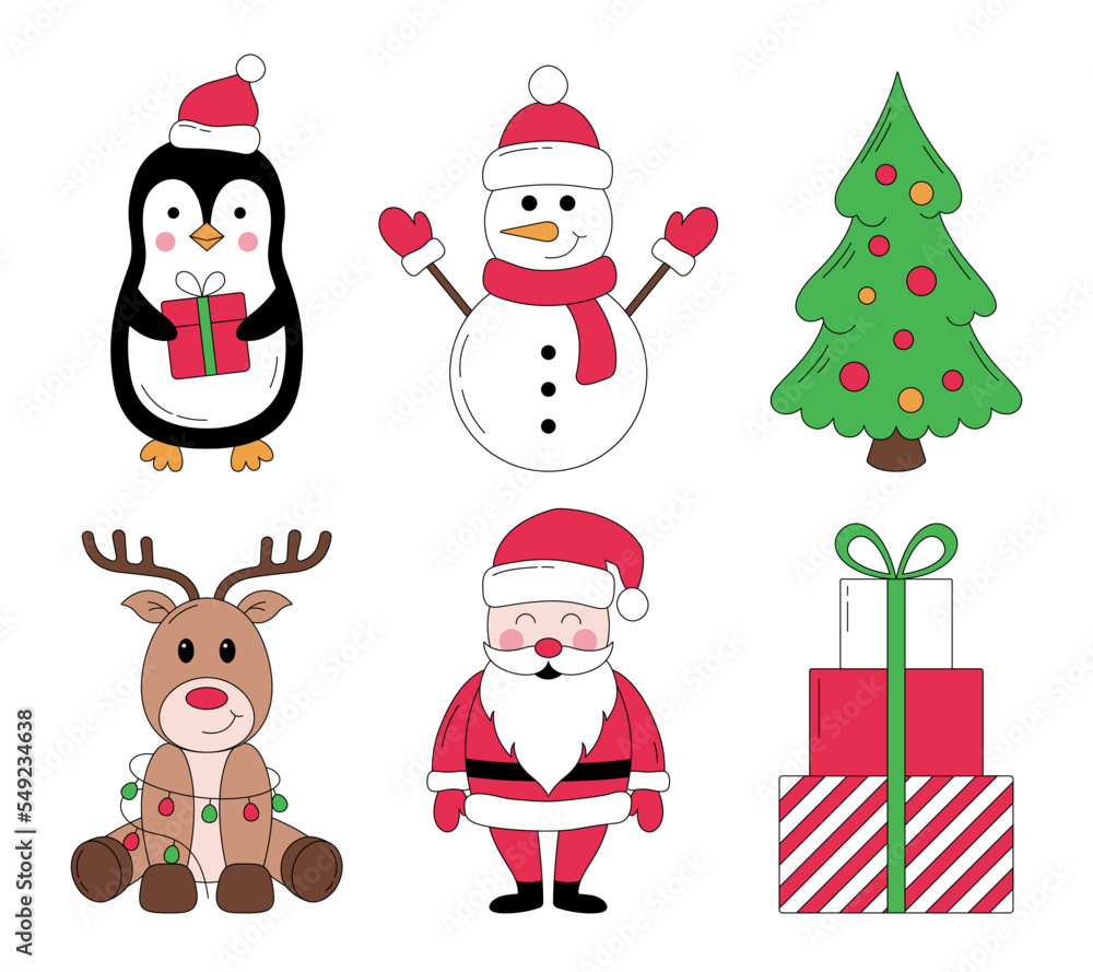 Christmas collection of cute characters and elements. Santa Claus, reindeer, penguin, snowman, tree, gift boxes. Vector illustration