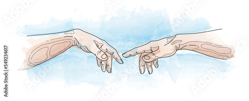 Michelangelo god hand, adam creation. Sistine chapel, renaissance touch, bible scene. Religious story. Watercolor and line drawing. Human arms and finger gesture. Vector art background