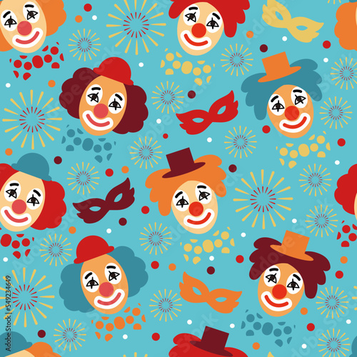 Colorful seamless pattern with clowns and carnival masks. Circus, carnival, party endless texture, background. Vector illustration.