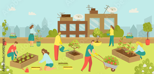 Urban building with flat garden at rooftop concept, vector illustration. City agriculture gardening people at green nature background.