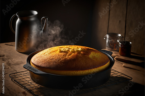 round cornbread in a pan fresh out of the oven photo