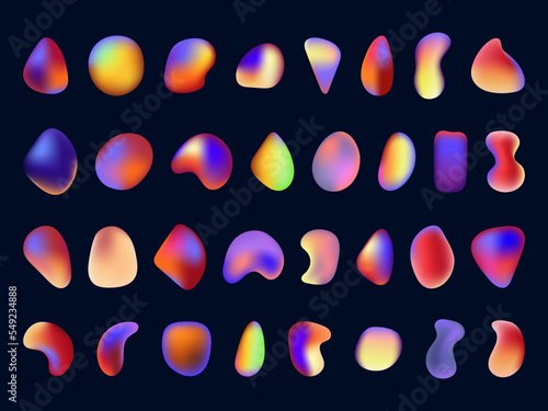 Abstract liquid shapes, organic elements set. 3d fluid gradient rounds, hologram texture logo, futuristic decorative elements. Simple drop shapes. Trendy art background. Vector pattern design