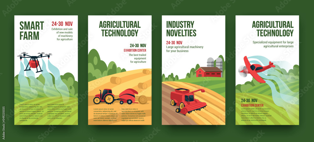 Agriculture covers. Farm harvest. Smart agro tractor. Agricultural landscape. Combine and drone. Irrigate plane. Future equipment in agri innovation industry. Vector poster templates set
