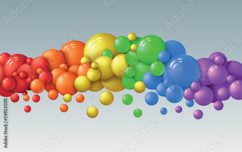 Rainbow birthday spheres, glossy balls background. Dynamic flying children bubbles, liquid plastic floating art. Horizontal line composition. 3d isolated balloons. Vector abstract concept
