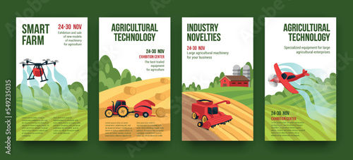 Agriculture covers. Farm harvest. Smart agro tractor. Agricultural landscape. Combine and drone. Irrigate plane. Future equipment in agri innovation industry. Vector poster templates set