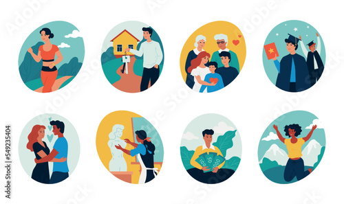 Self safety. Person growth psychology. Esteem human. Confidence basic health. Education and employment. Sport training. Hobby activity. Happy family. Love in couple. Vector flat icons set