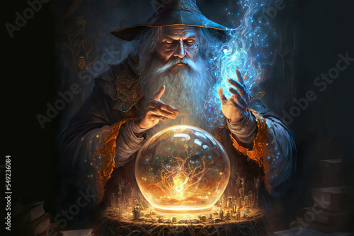 AI generated image of an ancient medieval wizard casting a spell using a crystal ball 