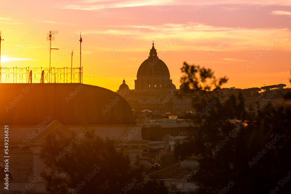 Rome, Italy- November 2022: Romantic sunset view from Trinità dei Monti terrace