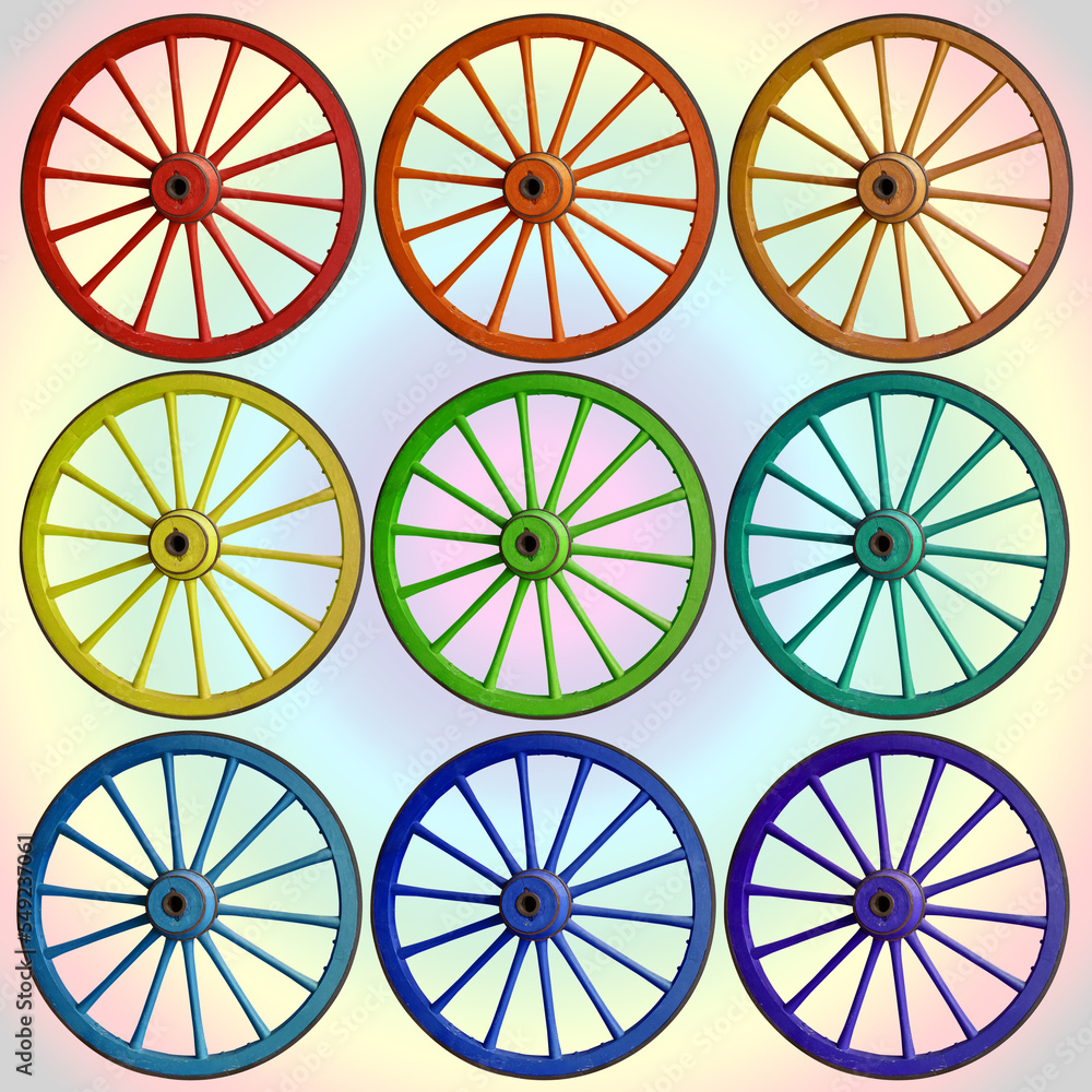 Roues de charrette couleurs arc-en-ciel Roues de charrette couleurs arc-en-ciel