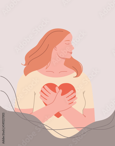A beautiful woman gently embraces her heart. Vector illustration in the style of flat.
