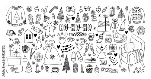 Big set of New Year and Xmas clipart. Hand drawn doodle vector illustrations