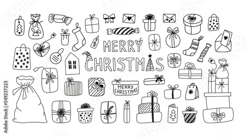 Merry Christmas set of cliparts with a gift box and packages. Hand drawn vector doodles