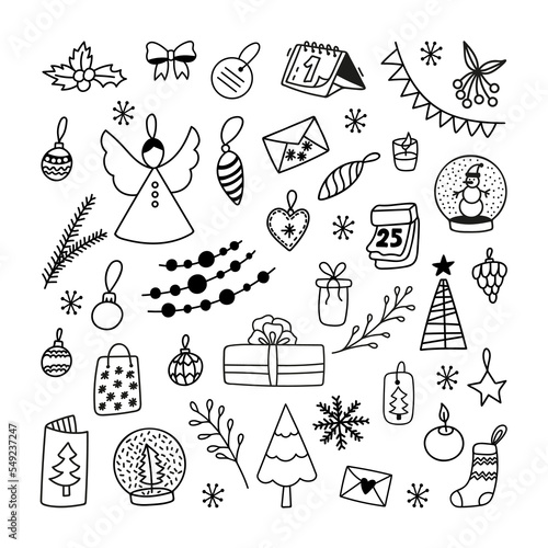 Big set of New Year and Christmas clipart. Hand drawn doodle vector illustrations