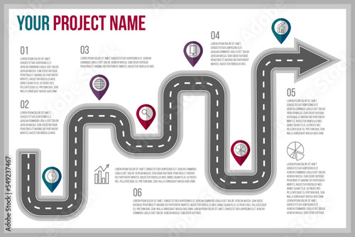 Road map. Timeline infographic design. Project path. Journey way. Graphic line chart. Plan sequence steps. Highway with trip pins. Asphalt roadway winding. Vector current illustration