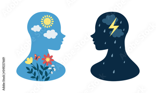 Positive, negative thinking, depressed changes. Woman brain weather in head, good mind. Day and night, wellness and balance. Self care. Mental health vector concept tidy set