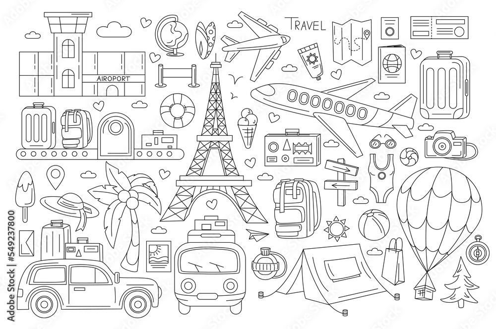 Travel doodles. Summer holiday line icons. Hand drawn sketch. Vacation world trip. Transport to hotel. Suitcase and backpack. Hiking tourism. Airport and plane. Vector recent signs set