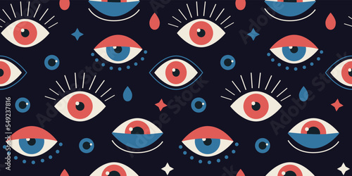 Turkish eye pattern. Trendy magic background. Ethnic hand symbol. Vintage Greece art ornament. Abstract sketch print. Tears and eyeballs with eyelashes. Vector seamless recent texture