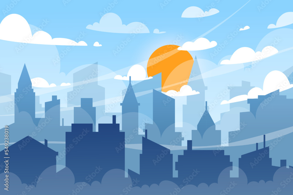 City sky buildings. Afternoon downtown cityscape. Skyscraper silhouettes. Town skyline. Clouds and sun. Day urban landscape. Home exterior view. Morning mist. Vector garish background