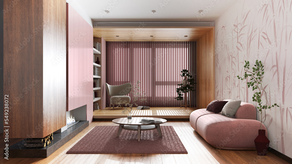 Fototapeta premium Minimalist wooden living room in white and red tones. Fabric sofa and fireplace. Wallpaper and parquet floor. Japandi interior design