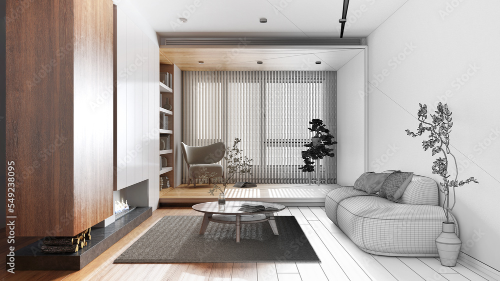 Architect interior designer concept: hand-drawn draft unfinished ...