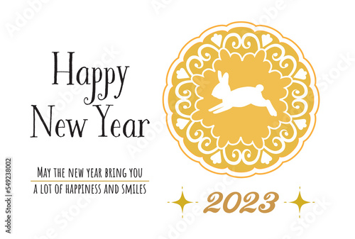 Happy New Year 2023 Gold Round Frame Rabbit Greeting Card