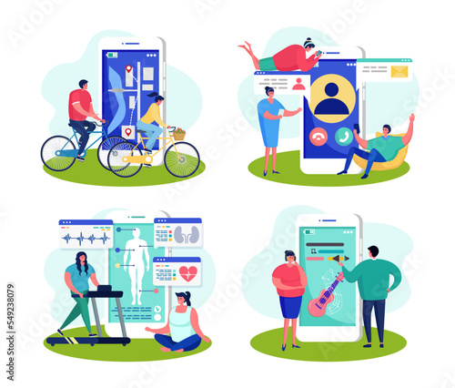 Smartphone app at mobile set, vector illustration. People character with flat...