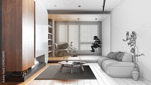 Architect interior designer concept: hand-drawn draft unfinished project that becomes real, minimalist wooden living room. Fabric sofa and fireplace. Japandi style