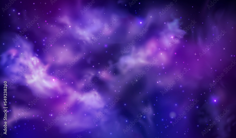 Purple night sky. Space universe, magic clouds. Cosmic night nebula, pink and blue cosmos, dark lights. Midnight heaven realistic panorama with stars. Celestial vector texture exact wallpaper