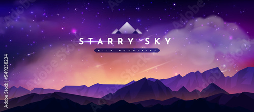 Starry night sky, mountains landscape, magic fields. Dark moon, backdrop with star galaxy, sparkle universe. Realistic clouds and glowing stars. Banner template. Vector exact background