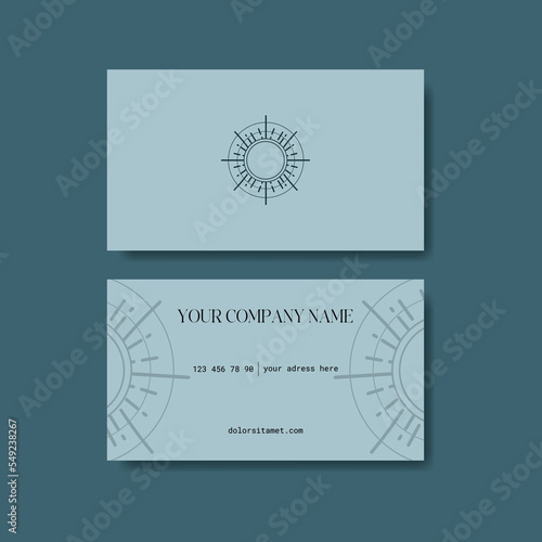 Vector flat elegant business card with hand drawn sun icon and pattern. Template for brand identity of your company on grey background.