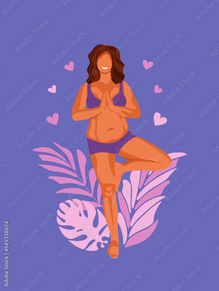 Body positive. Acceptance of yourself. Plus size beautiful curvy happy girl is engaged in yoga. Feminism, female freedom, power. Vector illustration. For print poster, social media, cards.