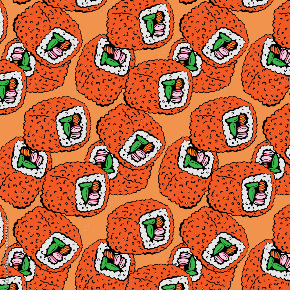 Naklejka premium Masago seamless pattern with orange sushi isolated on white background